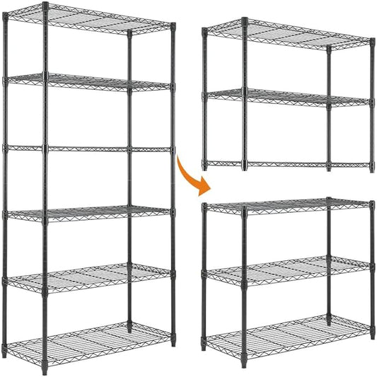 6-Shelf Shelving Unit, Changeable into 2 of 3-Shelf Units, Adjustable Heavy Duty Steel Wire Shelves, 350 lbs Loading Capacity Per Shelf (71.5” H, 36” W, 16” D)