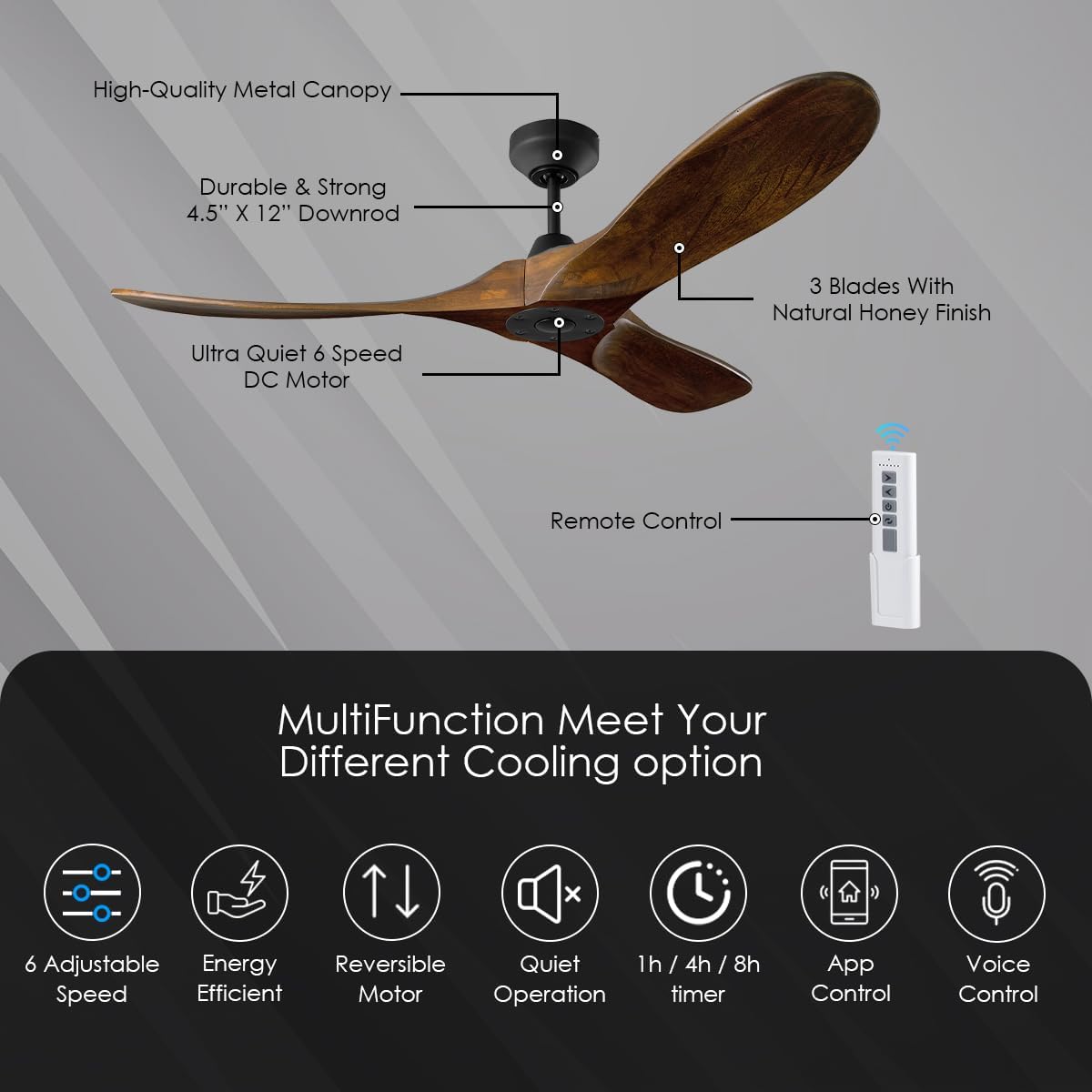 3MAVSM60MBK Smart Maverick Ceiling Fan with Remote Control, Indoor or Outdoor, Compatible with Alexa & Google Voice (Midnight Black with Dark Walnut Blades, 60-inch)