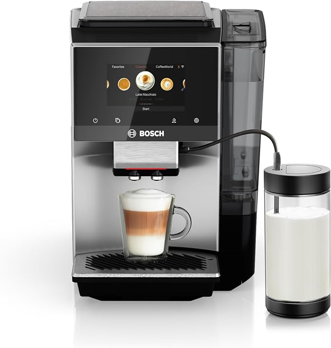 Bosch TPU60501 800 Series VeroCafe Fully Automatic Espresso Machine with Home Connect, Glass Milk Container, 36 Coffee Varieties with Coffee World, Double Cup, in Metallic Silver