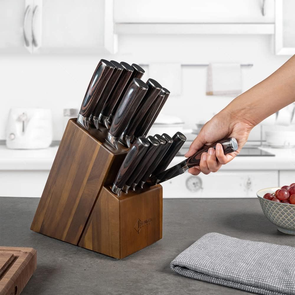 SENKEN 16-Piece Acacia Wood Knife Block Set with Laser Damascus Pattern - Includes Steak Knives, Kitchen Shears, Chef's Knife, Santoku, Cleaver & More