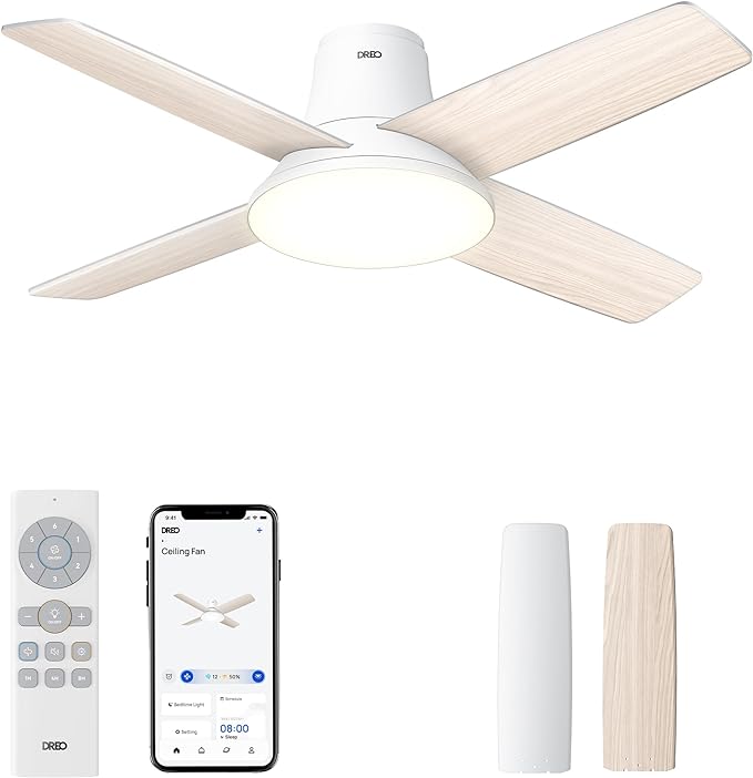 Dreo Smart Ceiling Fans with Lights and Remote, 12 Speeds & 3 Fan Modes, Quiet DC Motor, Easy to Install, Dimmable LED Ceiling Fans with APP/Alexa Control, 12H Timer for Home, Indoor, White, 44''