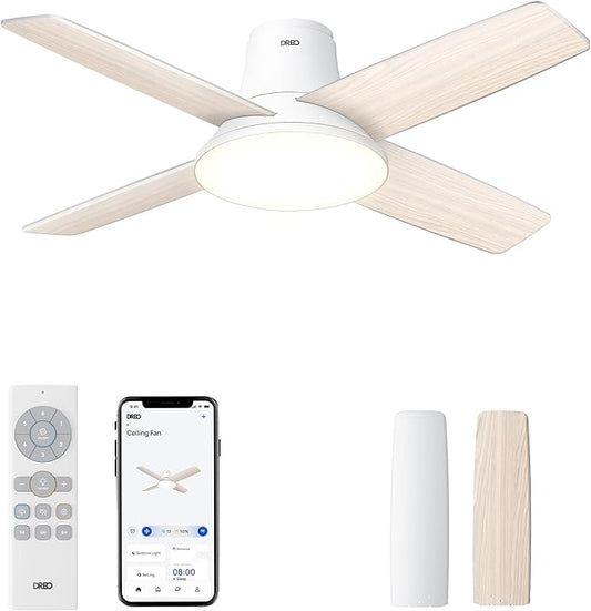 Dreo Smart Ceiling Fans with Lights and Remote, 12 Speeds & 3 Fan Modes, Quiet DC Motor, Easy to Install, Dimmable LED Ceiling Fans with APP/Alexa Control, 12H Timer for Home, Indoor, White, 44''