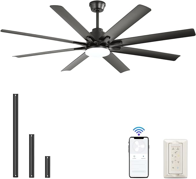 Sofucor 66 Inch Ceiling Fan with Lights Remote Control Farmhouse Ceiling Fan Reversible DC Motor ABS Blades 6-speed Modern Smart Ceiling Fan For Home Office/Patio With Cover(black+black)