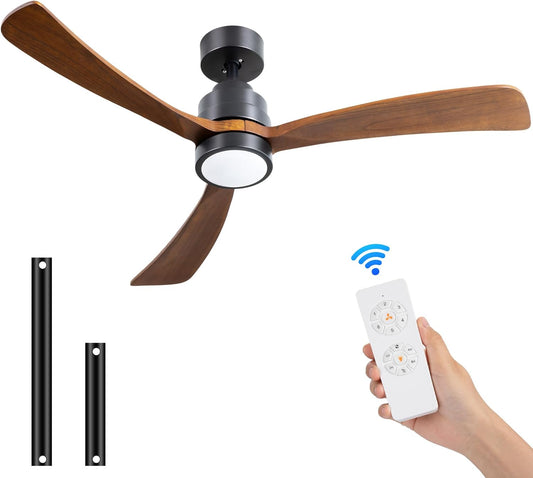 52-Inch Ceiling Fan with 3 Wooden Blades for Balcony, Bedrooms, Living Rooms, Kitchen, Offices, Playrooms, Dens, Porch, Patio - with Quite DC Motor, 3 Color Temperature, Light Memory, Timer