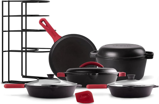 Cuisinel Cast Iron 17-Piece Preseasoned Cookware Set - 8"+10" Skillets + Lids + 5-Quart Dutch Oven + 12" Braiser with Cast Iron Lid + Round Griddle + 15" Organizer Rack + Pan Scraper + Silicone Handle