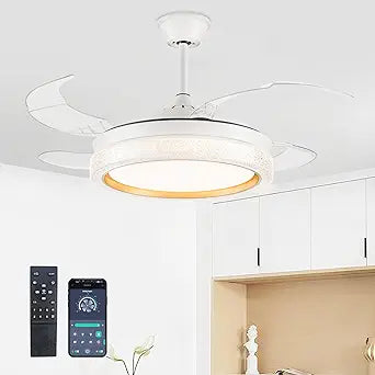 42 Inch Retractable Ceiling Fan with Light, Modern Ceiling Fans with Lights and Remote Control, White LED Ceiling Fan,Smart Fandelier Fan lamp for Living Room,Bedroom,Dining Room