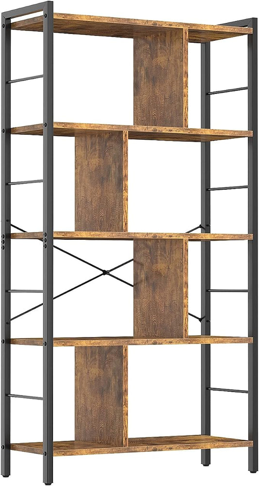 armocity Bookshelf, 5 Tier Tall Industrial Bookcase Wood Metal Frame Standing Book Shelf, Display Bookshelves Storage Organizer for Bedroom Living Room Home Office, Rustic Brown