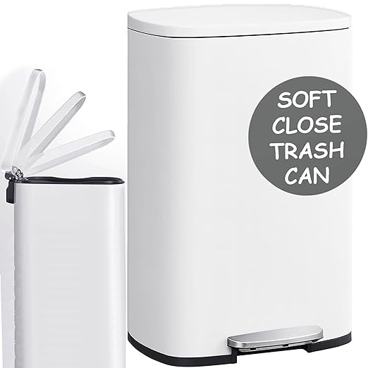 Homie 13 Gallon Kitchen Trash Can Soft Close with Anti - Bag Slip Liner and Lid, Use as Garbage Basket, Tall Dust Bin, or Decor in Bathroom, Restroom, Kitchen, or Bedroom (13 Gallon, Shiny White)