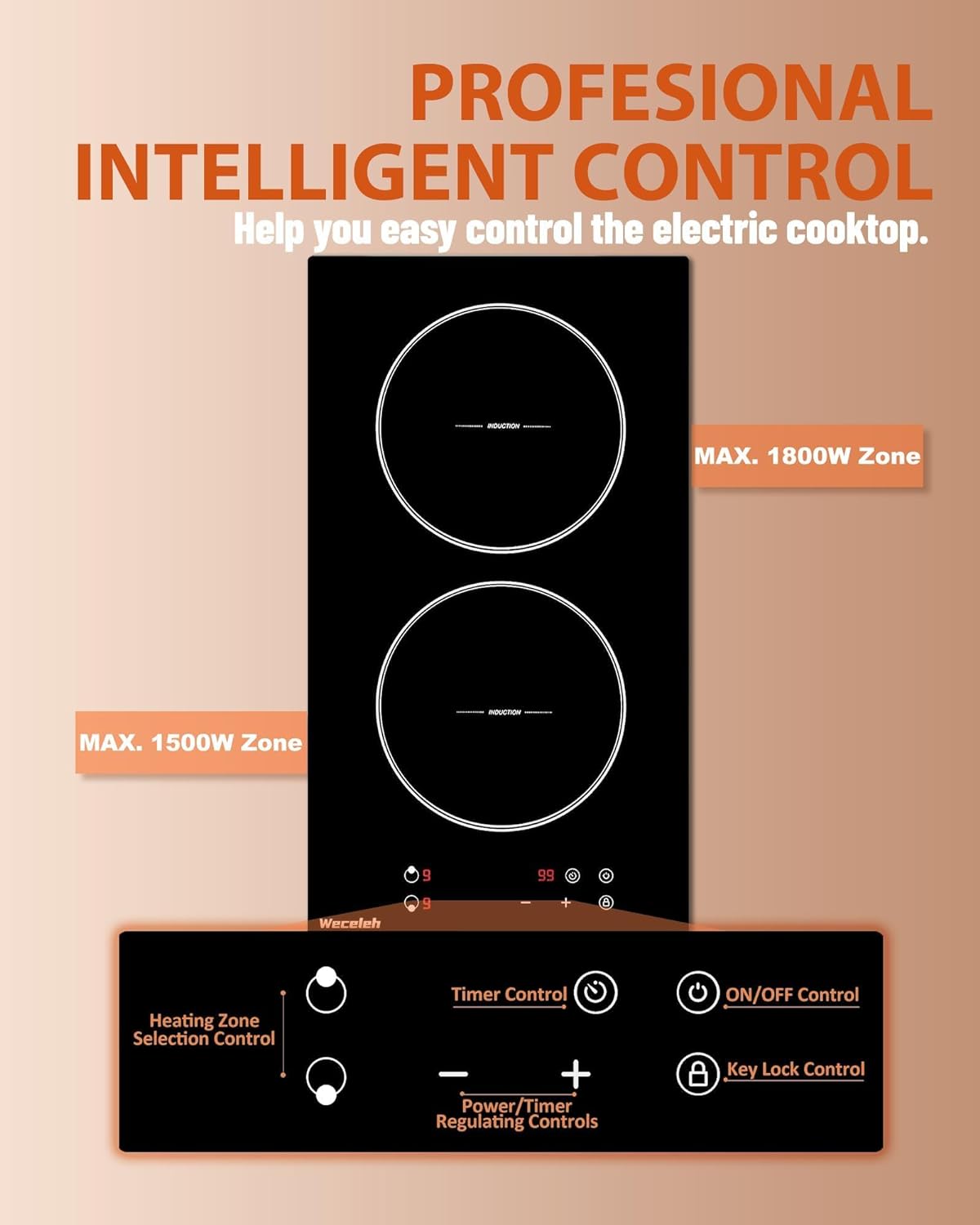 12" Electric Induction Cooktop with 2 Burners,3300W, Sensor Touch Control,Child Safety Lock, 9 Heating Levels, 99 Minutes Timer,Plug-In Top for 110-120V.