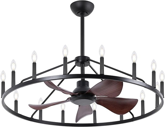 Wagon Wheel Large Chandelier Ceiling Fans Fan with 5 Curved Black Walnut Blades Adjustable Height Classical Retro Fandelier fans for Bedroom Living Room Kitchen Table Temperature Change and 6 Speeds