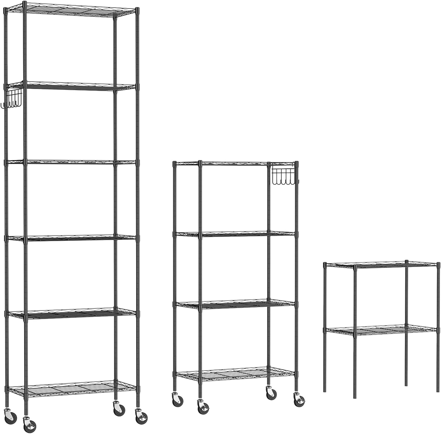 Homdox 2-Pack 6-Tier Storage Shelf Wire Shelving Unit Free Standing Rack Organization with Caster Wheels, Stainless Side Hooks, Black