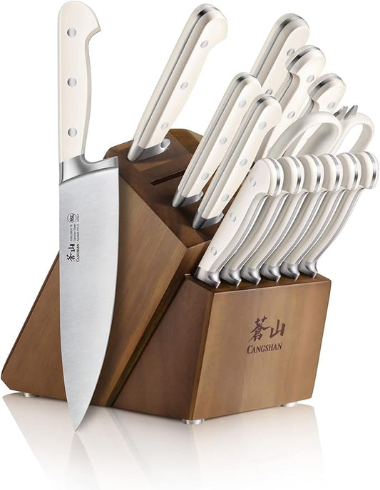 Cangshan Adams Series 1027273 German Steel Forged 15-Piece Knife Block Set, White