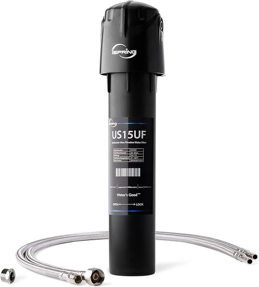 iSpring US15UF 0.01μm Water Filter for Sink, 15K Gal Capacity, Inline Under Sink Water Filter System for Refrigerator, Ice Maker, RV, Ultra Filtration, Reduce Odor, Chlorine, Heavy Metals, Black