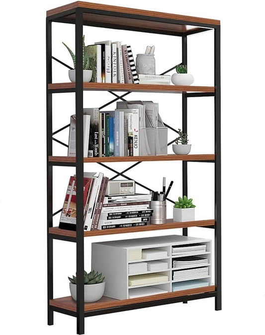 Himimi Industrial Bookshelf 5-Tier, Bookcase 58" H Ladder Shelf, Storage Shelves Rack Shelf Unit, Accent Furniture Metal Frame, Home Office Furniture for Bathroom, Living Room, Vintage Brown