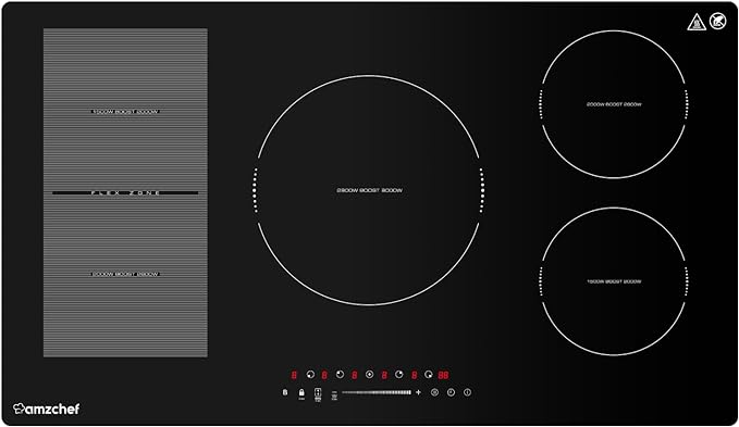 AMZCHEF Electric Cooktop 36 Inch, Built-in Induction Cooktop 5 Boost Burner Including Double Zone, 7400W Ceramic Electric Stove Top with 9 Power Level&Touch Control, Timer, Safety Lock, 240V