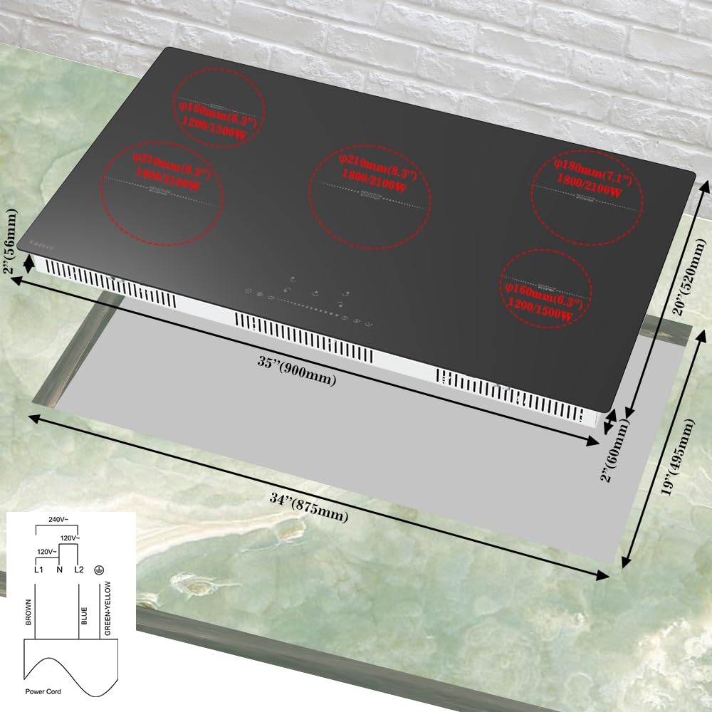 Induction Cooktop 35 Inch, 5 Burners Drop-in Electric Stove Top Cooker with Child Safety Lock, Power Boost,9300W 220V, Hardwired, Ceramic Glass Surface, COIH905-1