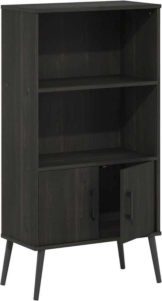 Furinno Claude Mid Century Style Accent Wooden Leg Bookcase Cabinet with Storage Organizer Shelves, Espresso