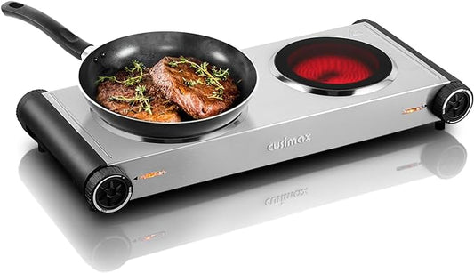 CUSIMAX Dual Hot Plate,1800W Infrared Cooktop, Portable Electric Stove for Cooking,Ceramic Glass Heating Plate, Concealed Handle,Stainless Steel Base,Easy Clean for Home, Dorm, Office