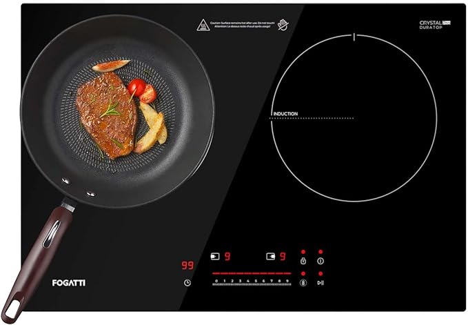 FOGATTI Double Induction Cooktop, Electric Induction Stove for RV, Built-in Countertop Burner with Touch Sensors, 9-Level Power, Pan Detection, 0-99 Min Timer, Child Lock, Shared 1800W