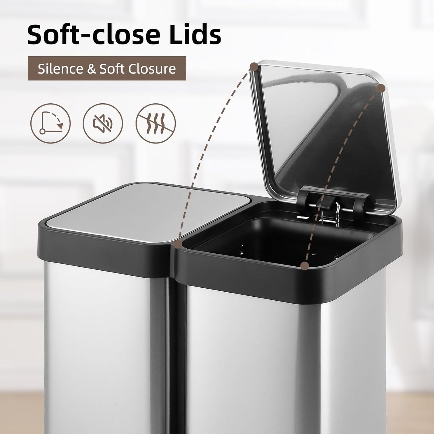 10 Gallon Dual Trash and Recycling Bin, 40L(2x20L) Fingerprint Proof Stainless Steel Kitchen Garbage Can with Double Lid, Hands-Free Step Rubbish Bin without Inner Bucket for Kitchen Home Office