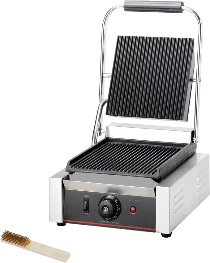 Commercial Panini Press With Grooved Grill Sandwich Maker Machine Electric Contact Grill Single (Single Grooved Top&Bottom)