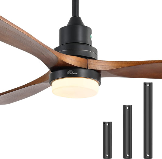 Sofucor 52" Ceiling Fan with Lights Remote Control, 3 Poles for Indoor Outdoor Ceiling Fan with Remote, Reversible Noiseless ETL Motor, 3 Walnut Wooden Blades