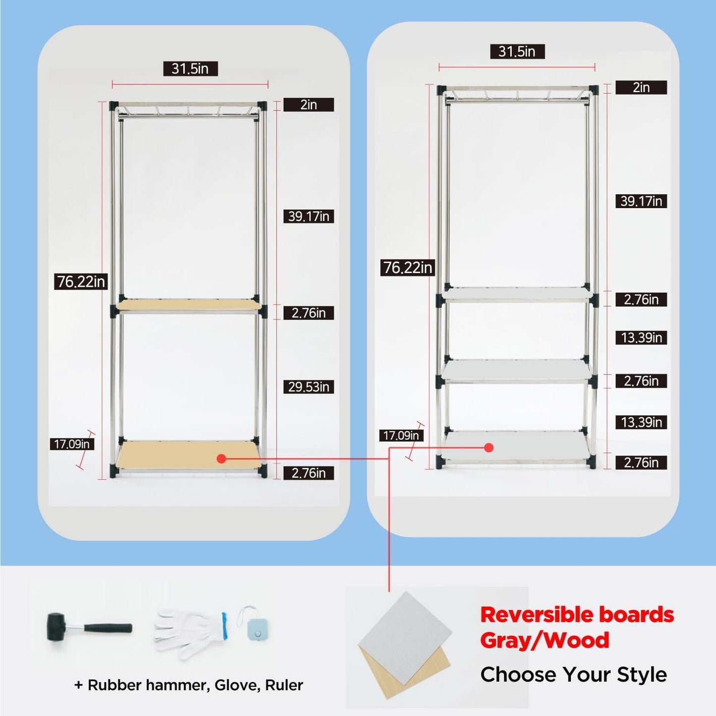 Premium Stainless Steel Freestanding Closet Organizer System - Easy Assembly, Durable, and Versatile - Heavy Duty Adjustable Portable Wardrobe Clothing Rack (Set B)