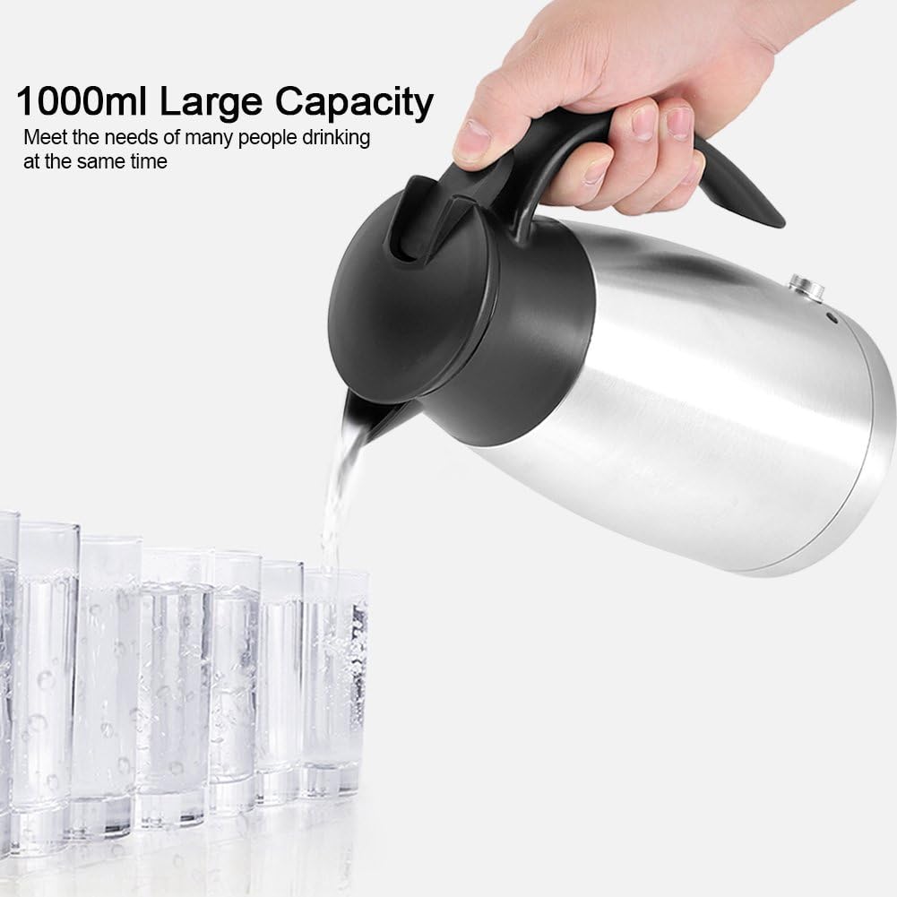 12v Electric Car Kettle,1000ml Stainless Steel Car Automobile Electric Heating Kettle DC 12V Cigarette Lighter Portable Electric Kettle Pot Heated Water Cup for Hot Water,Coffee,Tea