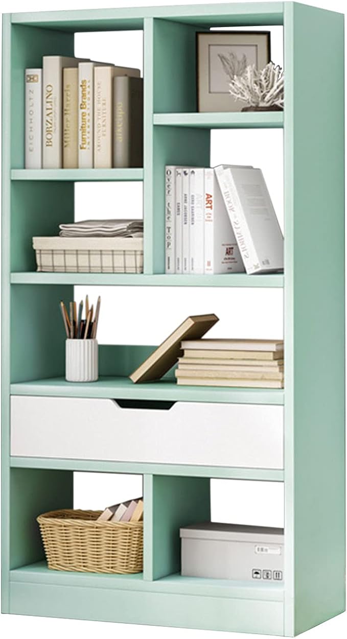 IOTXY Wooden Open Shelf Bookcase - 51 Inches Height Freestanding Display Storage Cabinet Organizer with 7 Cubes and a Drawer, Floor Standing Bookshelf in Tiffany-Green