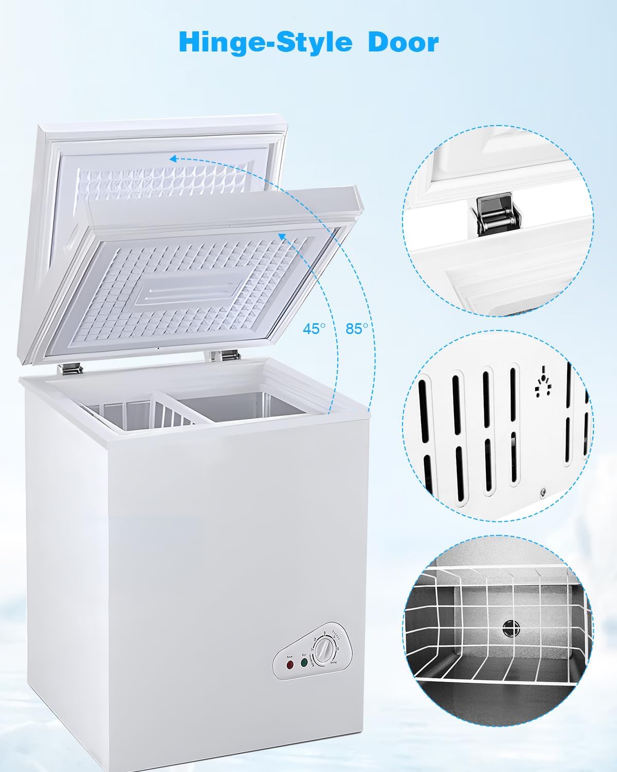 FLG-80Q 3.5 Cu.Ft Chest Removable Basket 7 Gears Adjustable Temperature Control(-18°F to-46°F), Deep Compact Freezer for Garage, Office, Basement, House, Kitchen, Shop, RVs-White