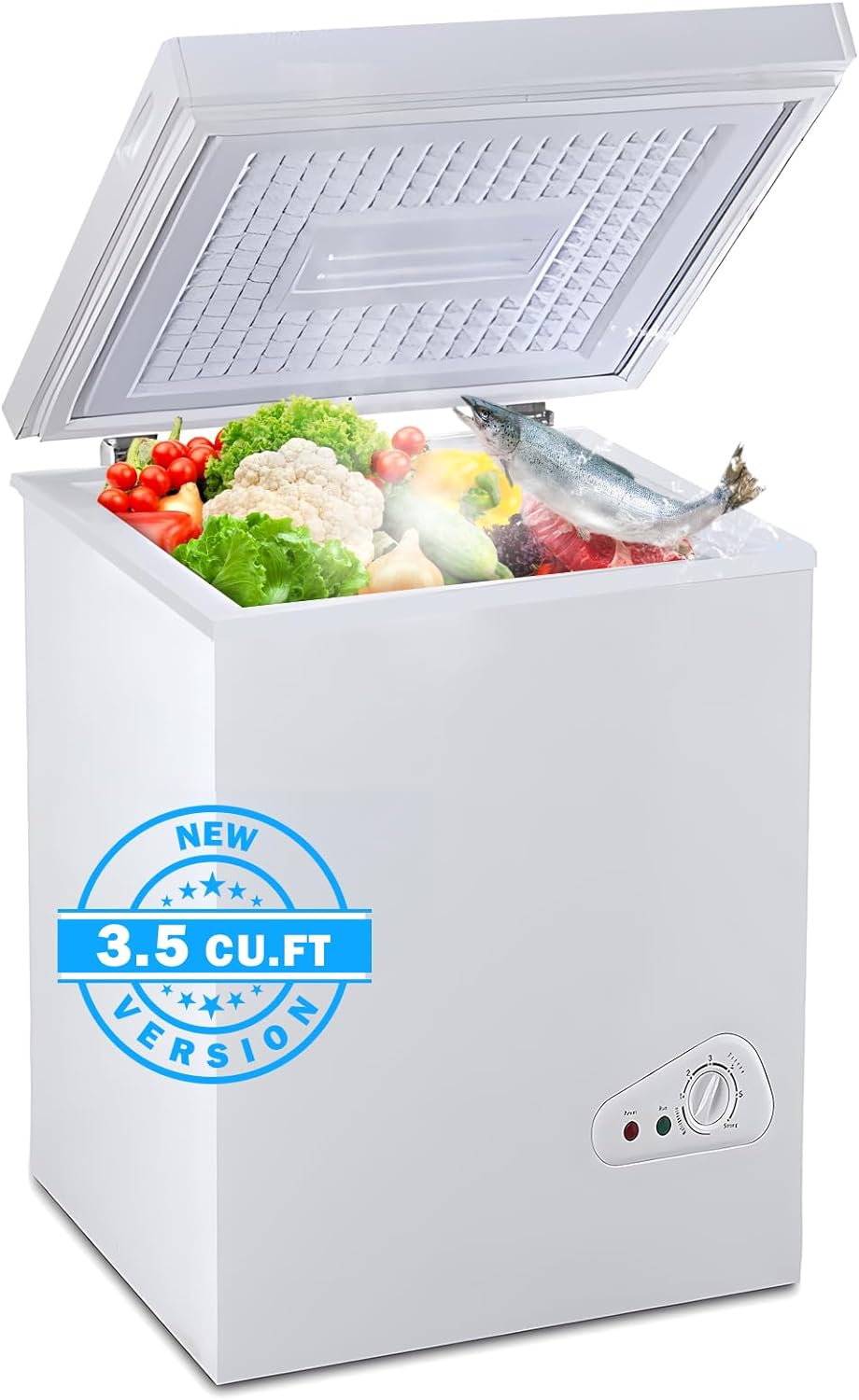 3.5 Cu.Ft Chest Freezer,7 Gears Adjustable Temperature Control(-18°F to -46°F) with a Removable Basket, Deep Compact Freezer for Garage, Office, Basement, House, Kitchen, Shop, RVs-White