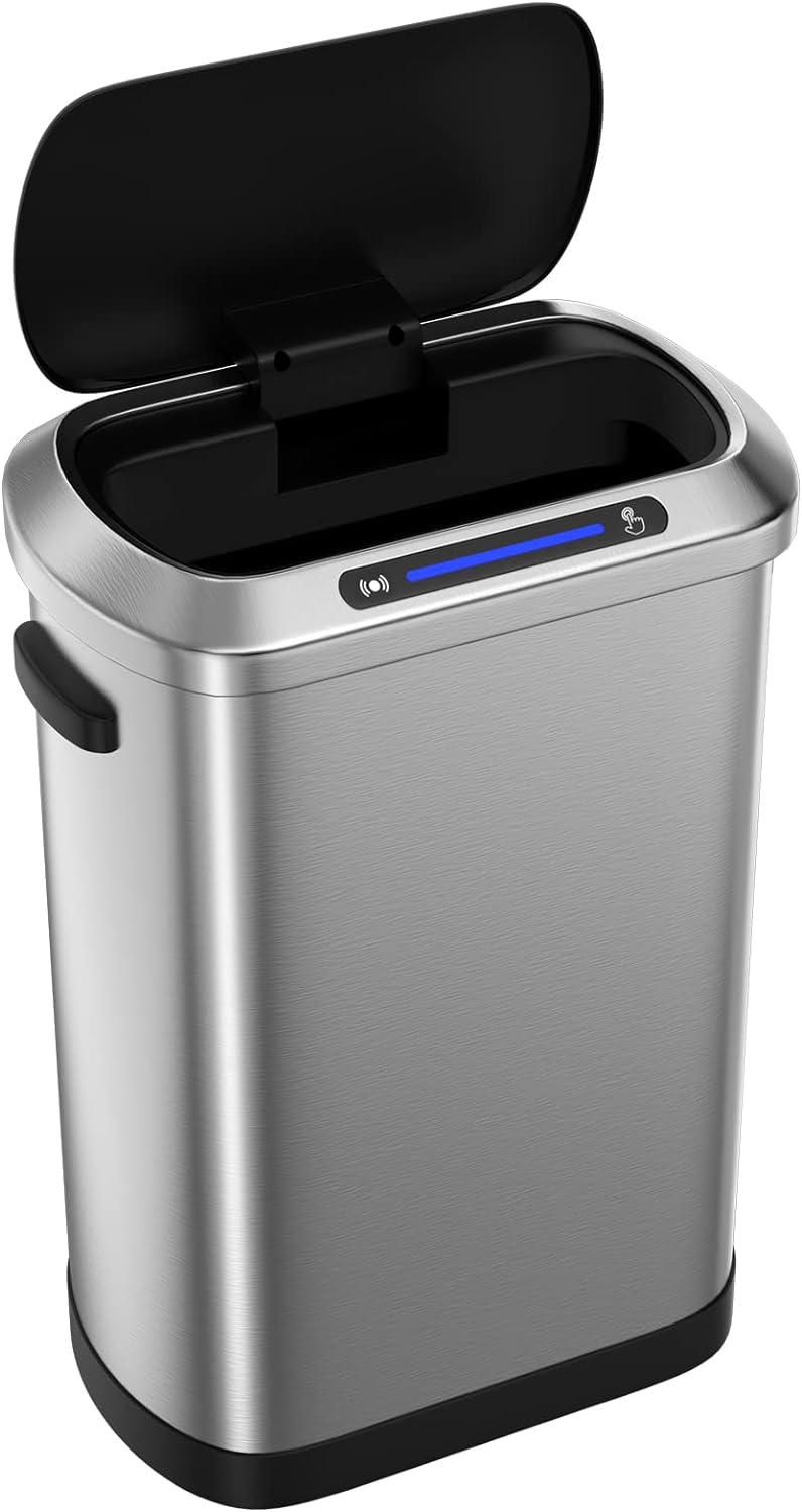 50 Liter/13 Gallon Kitchen Trash Can,Automatic Rectangular Stainless Steel Garbage Can for Bathroom Bedroom Home Office,Black + Silver