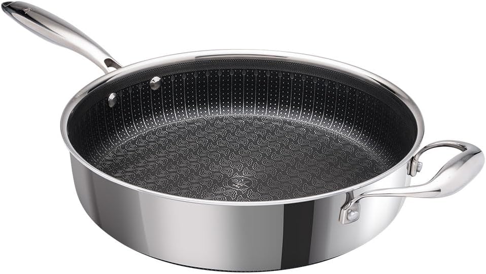 Hell's Kitchen 4 Quart Tri-Clad Hybrid Sauté Pan with Lid, Nonstick, Scratch-Resistant, Ergonomic Handle, Dishwasher Safe, Multi-Cooktop, and Oven-Safe