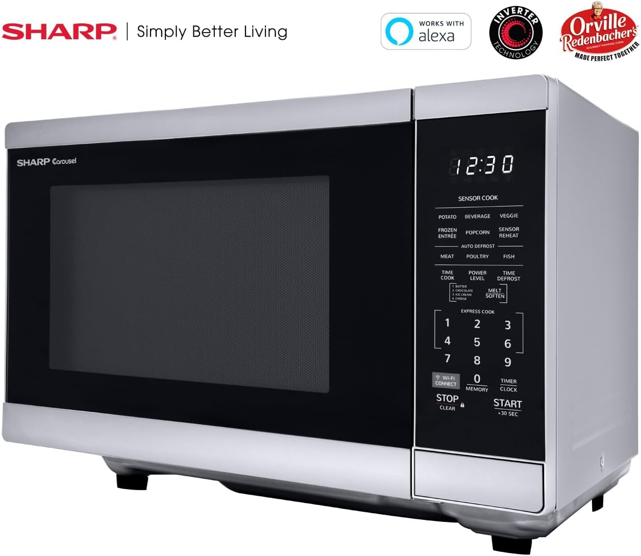 SHARP Countertop Microwave Oven. Compatible with Alexa. Orville Redenbacher's Certified. Removable 12.4" Carousel Turntable, 1.4 Cubic Feet, 1100 Watt with Inverter Technology, Stainless Steel