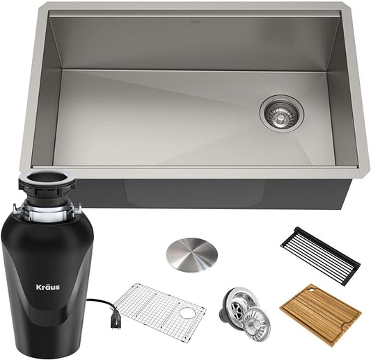 KRAUS Kore™ Workstation 30-inch Undermount 16 Gauge Single Bowl Stainless Steel Kitchen Sink with Accessories (Pack of 5) with WasteGuard™ Continuous Feed Garbage Disposal, KWU110-30-100-75MB