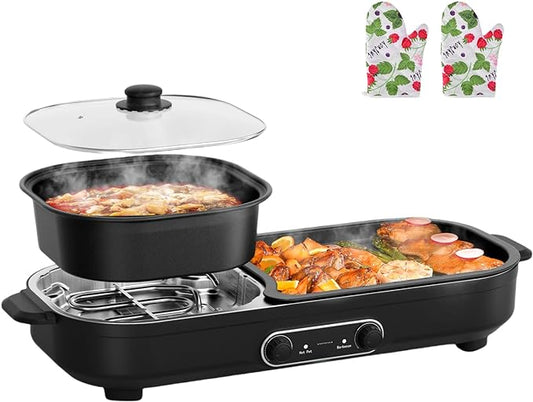 Hot Pot Electric with Grill - Korean BBQ Grill Indoor and Shabu Shabu Pot, Removable Hotpot Pot & KBBQ Grill,- Non-Stick, Adjustable Temperature, Family Size