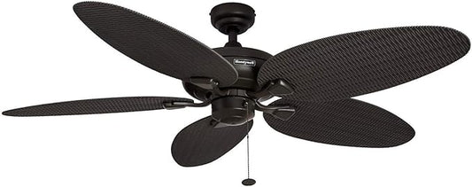 Honeywell Ceiling Fans Duval, 52 Inch Tropical Indoor Outdoor Ceiling Fan with No Light, Pull Chain, Three Mounting Options, Damp Rated, Palm Leaf Blades - Model 50201-01 (Bronze)