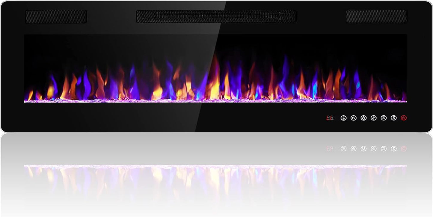 60 inches Electric Fireplace Recessed and Wall Mounted, Fireplace Heater and Linear Fireplace, with Timer, Remote Control, Adjustable Flame Color, 750w/1500w, Black