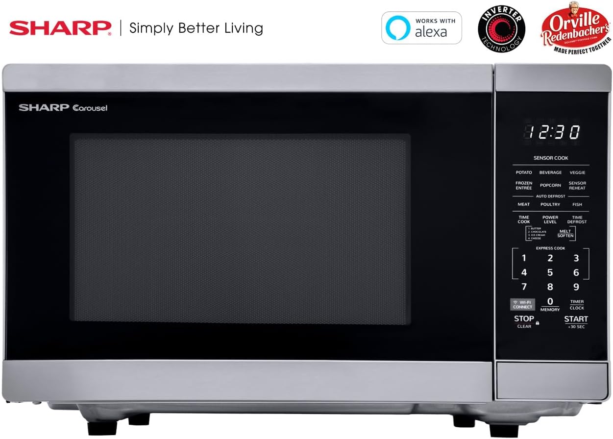 SHARP Countertop Microwave Oven. Compatible with Alexa. Orville Redenbacher's Certified. Removable 12.4" Carousel Turntable, 1.4 Cubic Feet, 1100 Watt with Inverter Technology, Stainless Steel