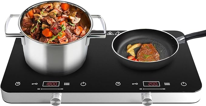 Induction Cooktop Double Burner, 1800W Induction Cooker Cooktop,10 Temperature 9 Power Settings Portable Electric Countertop Burner Touch Stove with Child Safety Lock & Timer