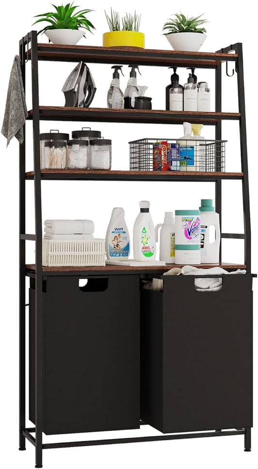 Laundry Hamper with Shelves and Hooks, 4 Tiers Tall Laundry Basket with 2 Removable Laundry Bags, Laundry Sorter with Ladder Shelves for Laundry Room Bathroom Bedroom