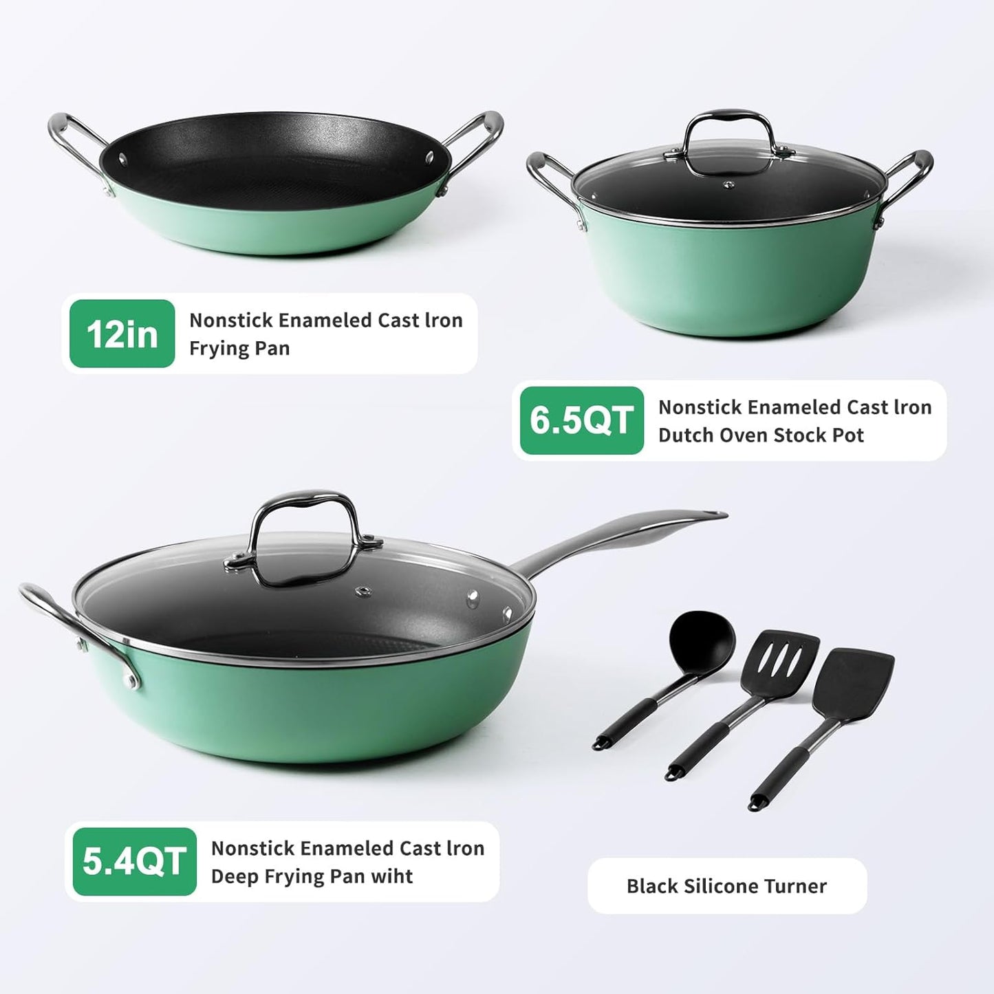 Enameled Cast Iron Cookware Set - 8 Piece Set of 6.5QT Dutch Oven & 5.4QT Saucepan & 12 inch Skillet & 2 Spatulas & Spoon, Ceramic Nonstick Coated, Gas/Induction Compatible, PFA Free