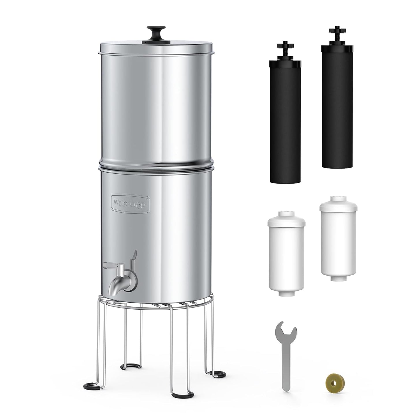 Waterdrop Upgrade Gravity-fed Water Filter System, with 𝐒𝐢𝐥𝐯𝐞𝐫 𝐈𝐨𝐧𝐬 Enhanced Filtration, Reduces Fluoride and up to 99% of Chlorine, with 4 Filters and Metal Spigot, 2.25G