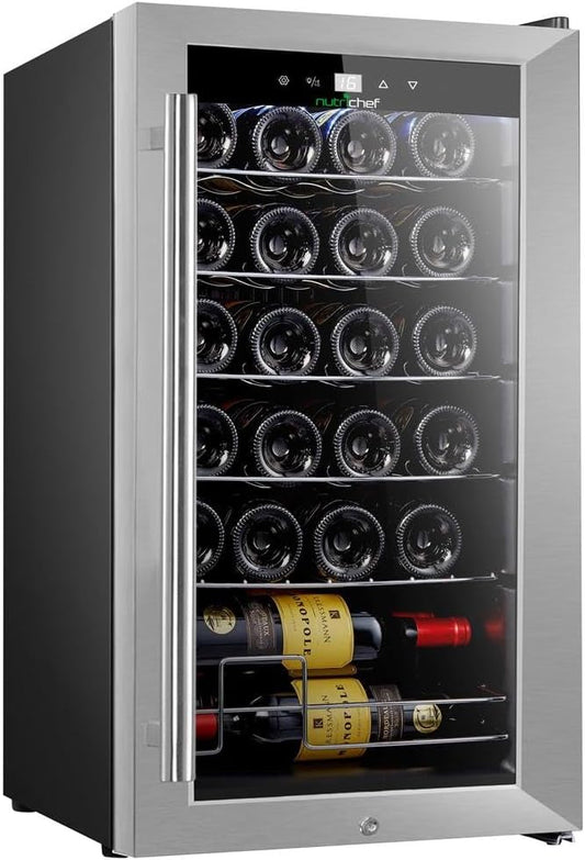 NutriChef PKCWC248 24 Bottle Compressor Cooler Refrigerator Cooling System | Large Freestanding Wine Cellar Fridge for Red and White Champagne or Sparkling, Stainless Steel Glass Door