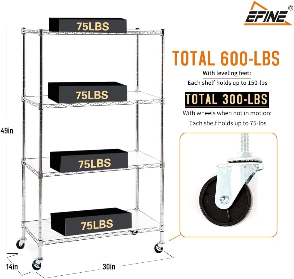 EFINE Chrome 4-Shelf Shelving Units and Storage Rack on Wheels with Shelf Liners Set of 4, NSF Certified, Adjustable Matel Wire Shelving Unit Rack for Garage, Kitchen, Office(30W x 14D x 50H)