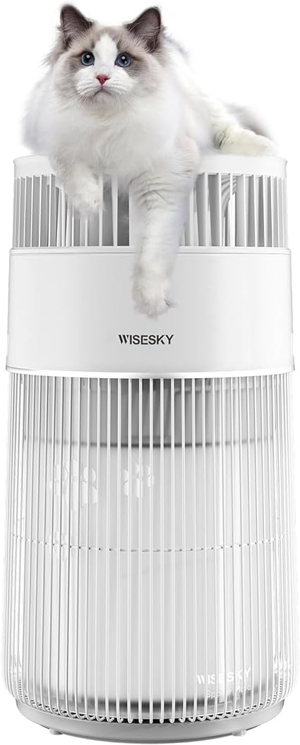 W-Cat Air Purifier for Home, HEPA Filter Removes Cat Hair, Dander, Odor, 24V Safety Power for Pets, Smart APP Air Cleaner with PM2.5, TVOC Sensor, Meow Buddy, W-Cat, White