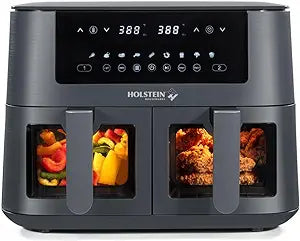 Holstein Housewares 8.4QT Dual Basket Digital Air Fryer with viewing window and led display with 7 preset options. Fry, bake, grill, dehydrate, and roast healthier recipes. Dishwasher Safe