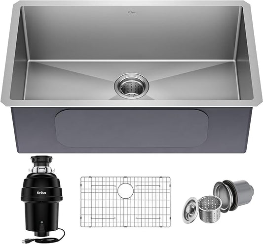 Kraus KHU100-30-100-100MB, Standart PRO 30-inch 16 Gauge Undermount Single Bowl Stainless Steel Kitchen Sink with WasteGuard 1 HP Continuous Feed Garbage Disposal