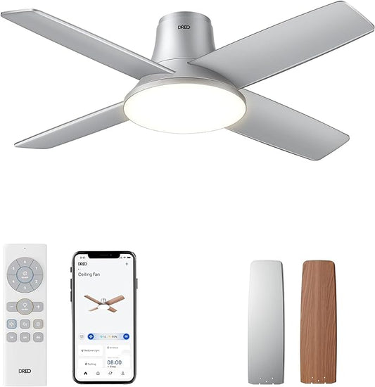 Dreo Smart Ceiling Fans with Lights and Remote, 12 Speeds & 3 Fan Modes, Quiet DC Motor, Easy to Install, Dimmable LED Ceiling Fans with APP/Alexa Control, 12H Timer for Home, Indoor, Silver, 44''