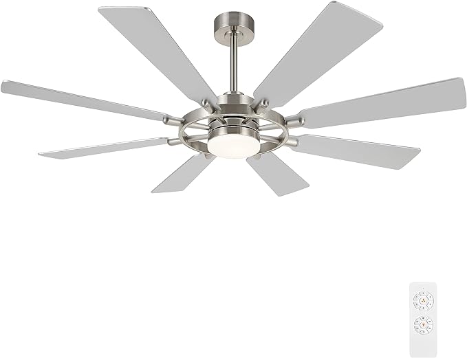 60" Ceiling Fan with Lights and Remote Control, Wood 8 Blades 6-Speed Noiseless Reversible DC Motor, Modern Large Ceiling Fan for Office Bedroom Dining Living Room, Nickel Finish+Silver